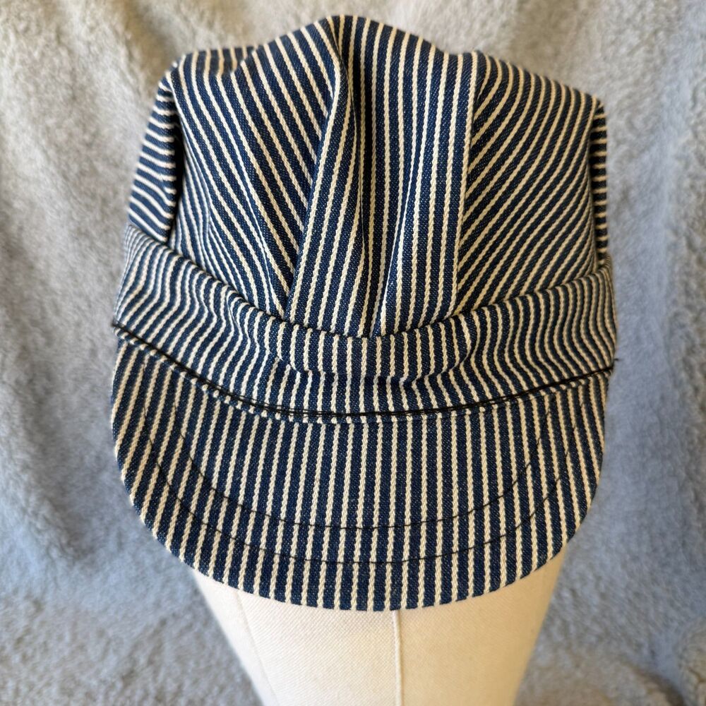 VINTAGE RAILROAD Conductor Hat Cap Small Engineer Hickory Stripe Fitted Train